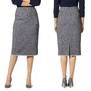 L.K.BENNETT Char Skirt 10 Navy Blue Cotton Tweed Pencil Straight Fringe Lined